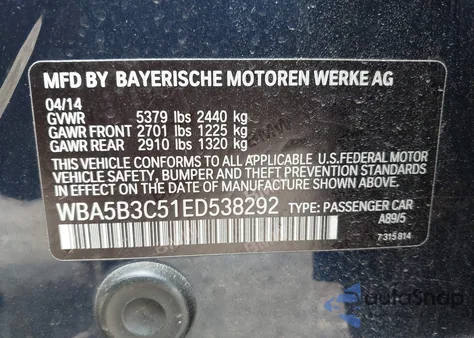 2014 BMW 535I xDrive from USA, damaged, VIN WBA5B3C51ED538292